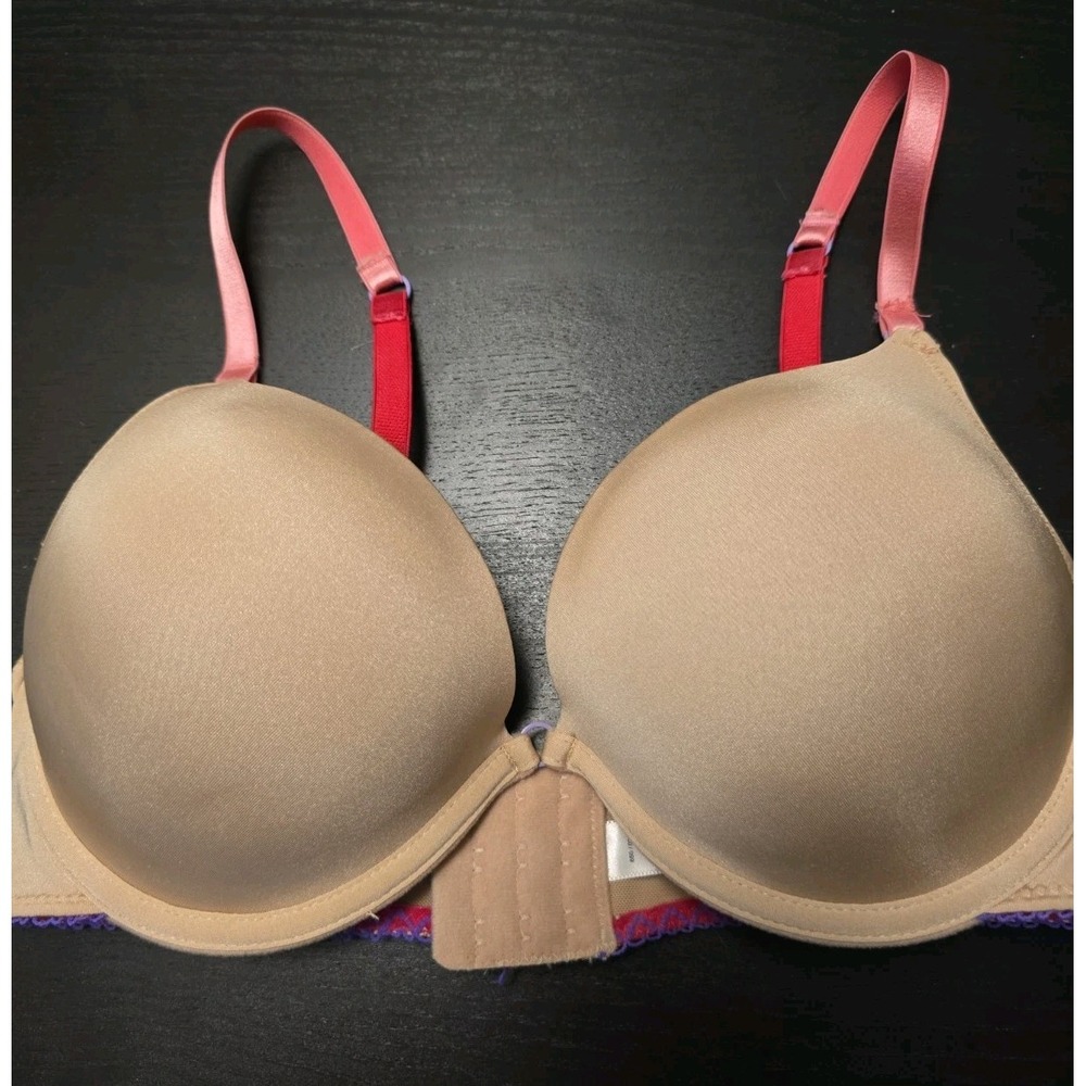 Wonderbra 36D Bra W115 Padded Underwire Plunge T-shirt Nude Push Up Pink Straps